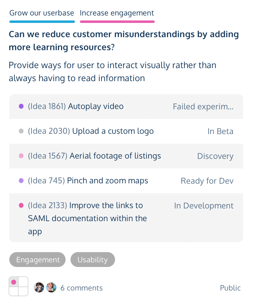 Image of a ProdPad roadmap initiative showing ideas at various workflow stages