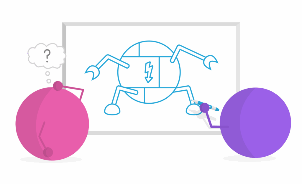 What is a Product Manager? Purple Dot is drawing a robot, while Pink Dot is very confused.